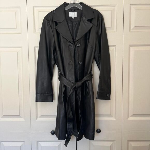 Vintage 90s/Y2K Worthington Women’s Genuine Lambskin Leather Black Trench Coat - Picture 3 of 13